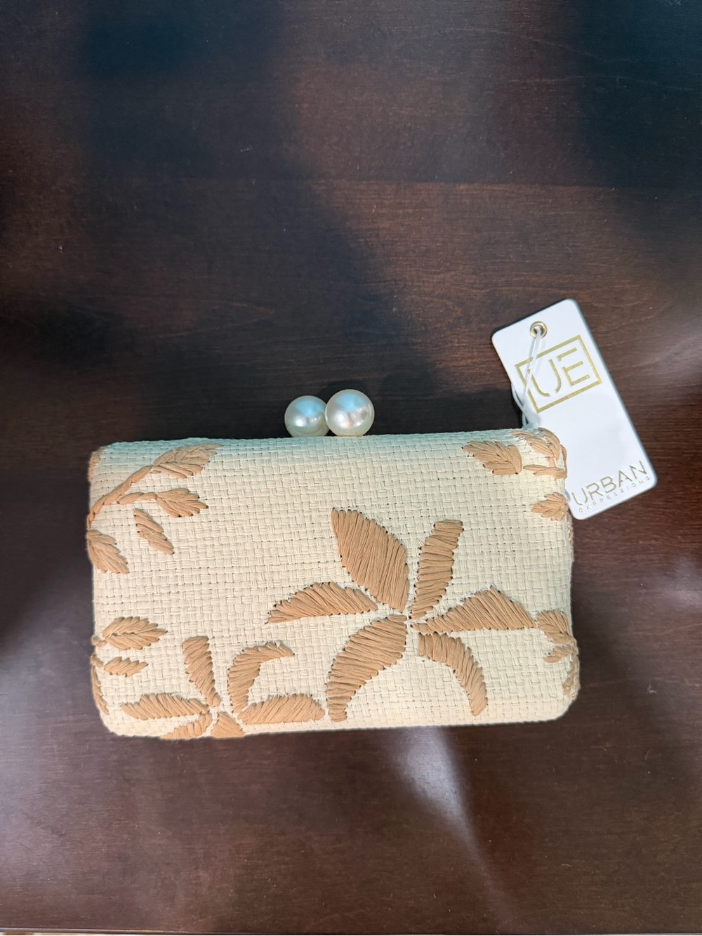 Urban Expressions Cream and Tan Floral Embroidered Pearl-Clasp Clutch